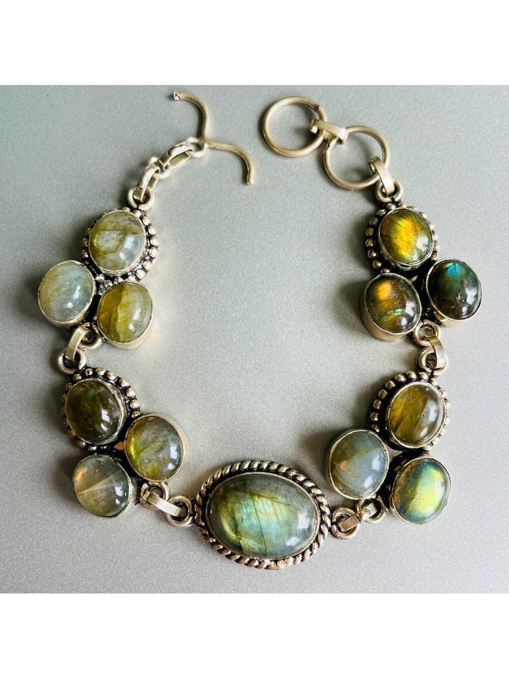Natural Labradorite Gemstone Cluster Link Dotted Sterling Silver Bracele…